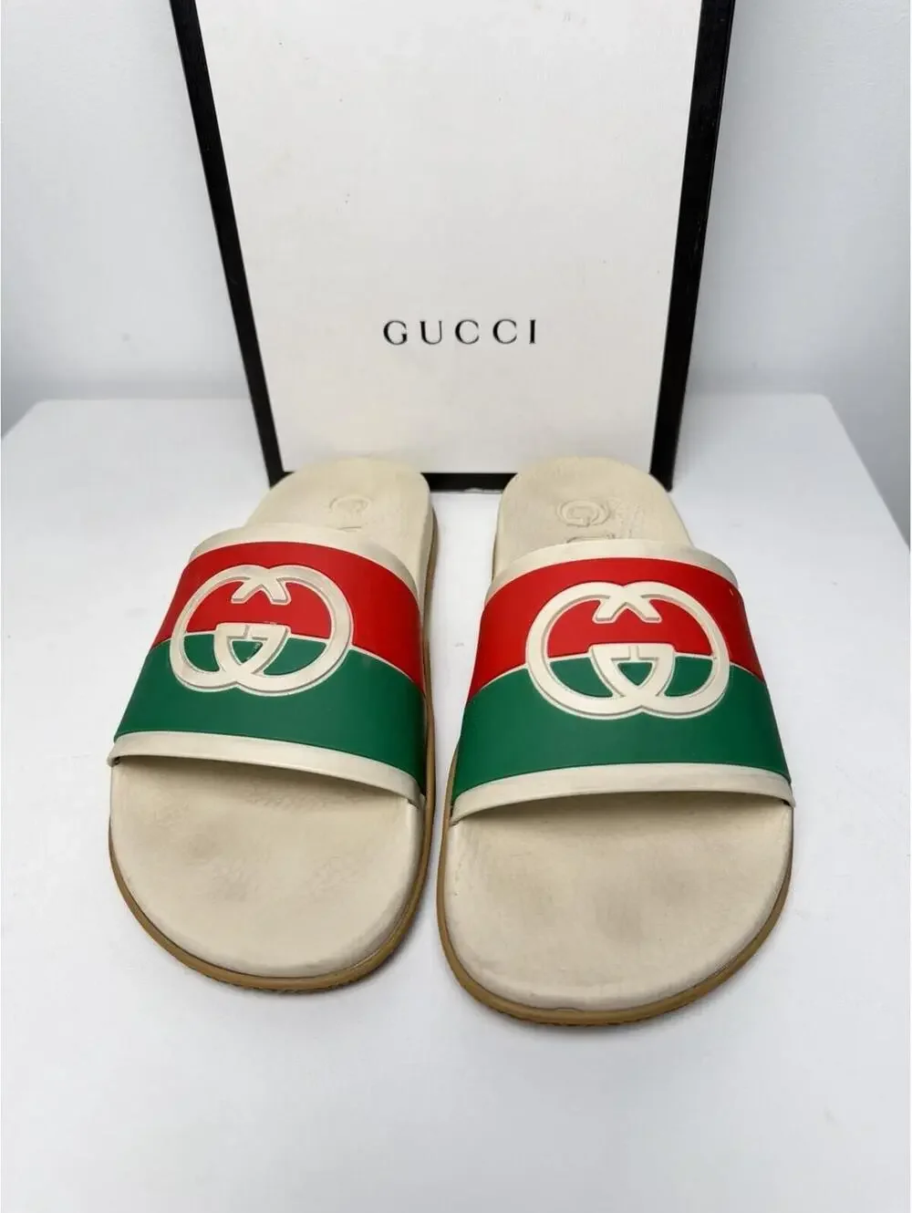 Gucci GG Logo Slides Sandals Red Green White Rubber Size 40